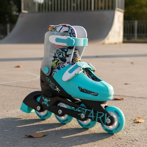 Rollers Stark Kids Extensible Crazy Skull Turquesa Kit Con Protecciones